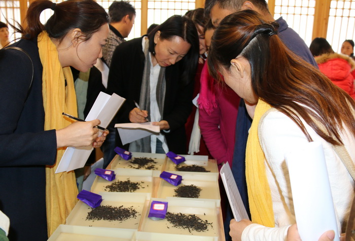 学生在审评茶叶外形并做记录